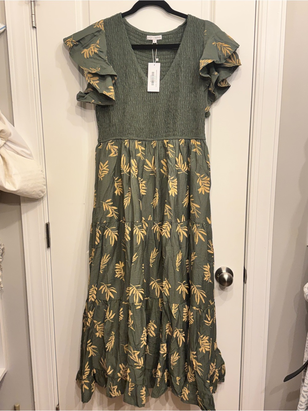 Baltic Born Olive Green Maxi Dress with Yellow Leaf Print - Picture 2 of 7